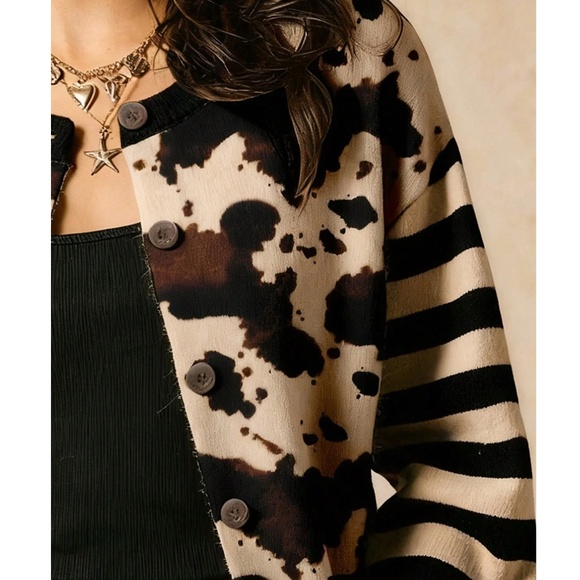 Cozy Cow Print Striped Button Down Cardigan - Picture 2 of 5